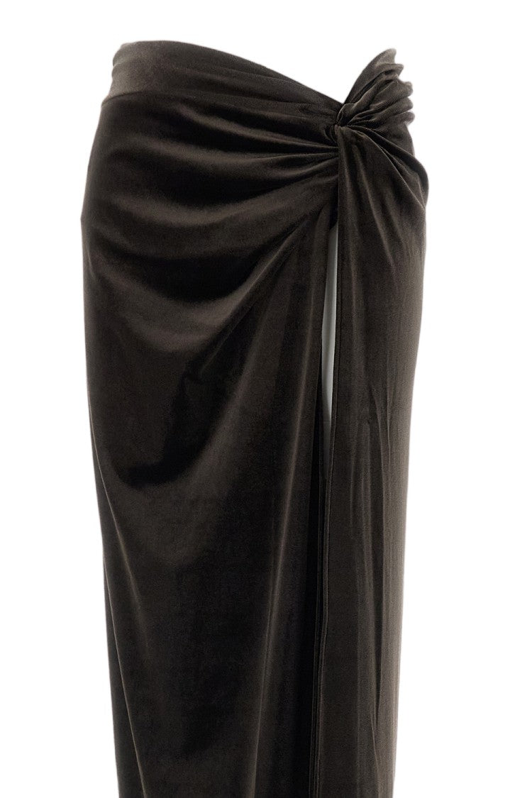The Andamane Brown Zohra Twist Detail Velvety Stretch Maxi Skirt