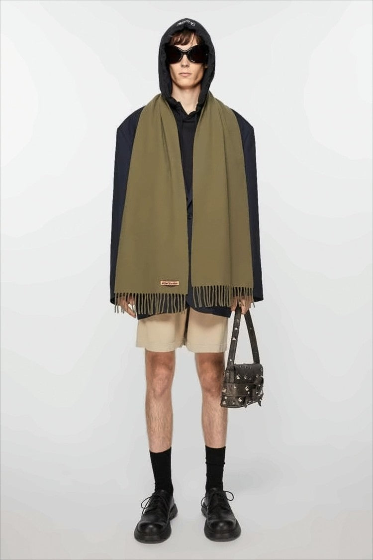 Acne Studios Solid Olive Green Wool Scarf With Fringed Ends