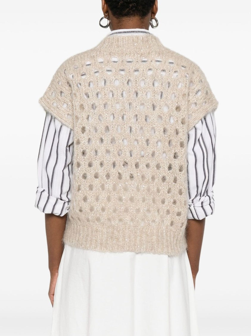 Brunello Cucinelli Cropped Open-Knit Sweater With V-Neckline