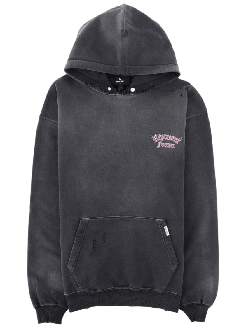 Represent Duality Washed Black Distressed Hooded Cotton Sweatshirt