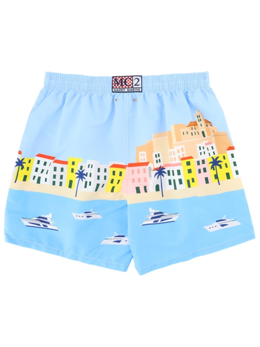 Mc2 Saint Barth Light Blue Coastal Cityscape Swim Shorts