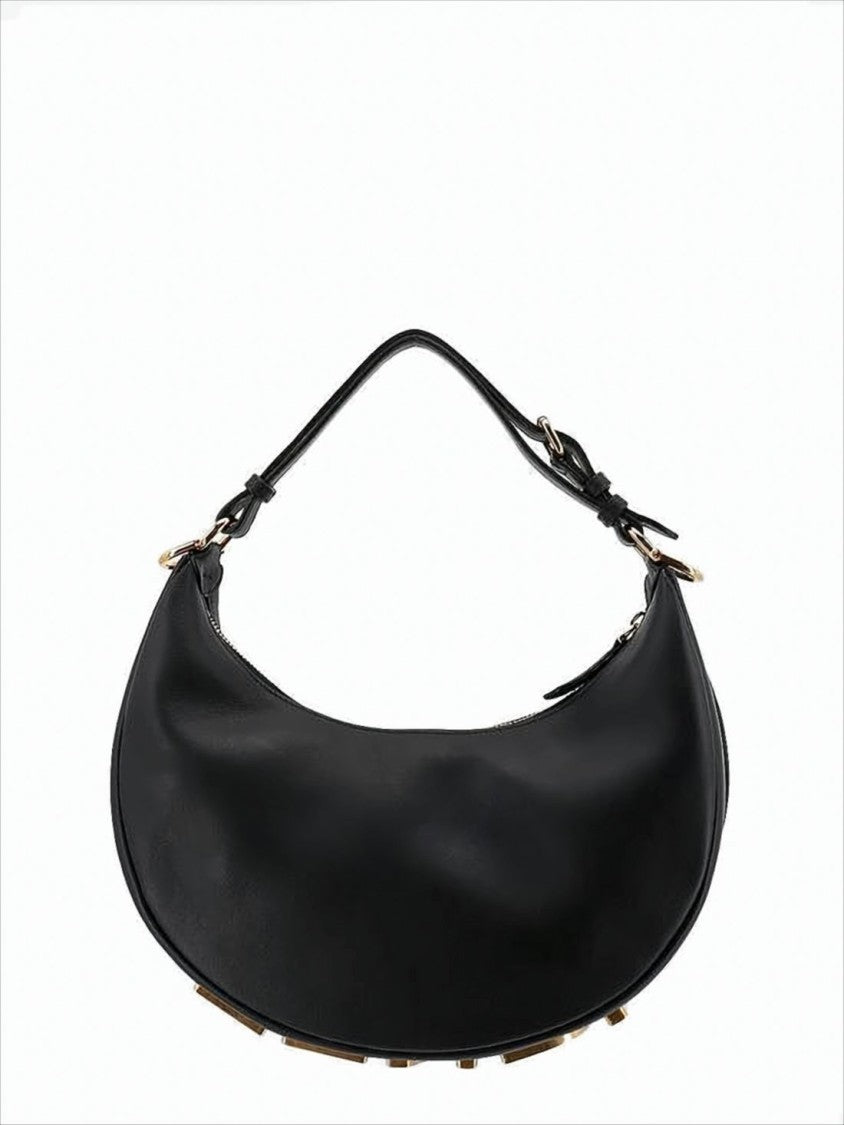 Fendi Crescent-Shaped Black Leather Shoulder Bag With Gold Accents