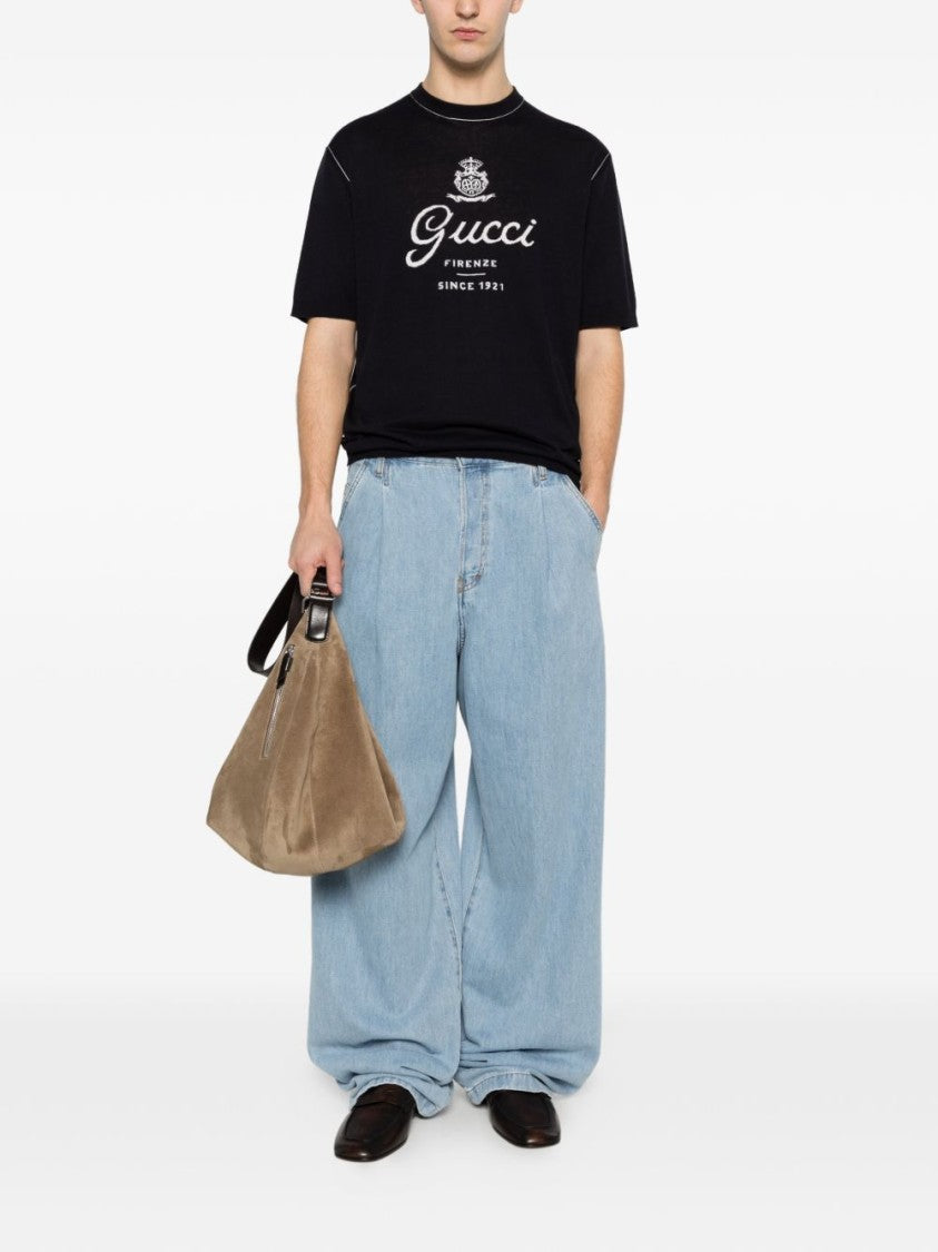 Gucci Dark Blue Silk-Linen Knit Intarsia T-Shirt