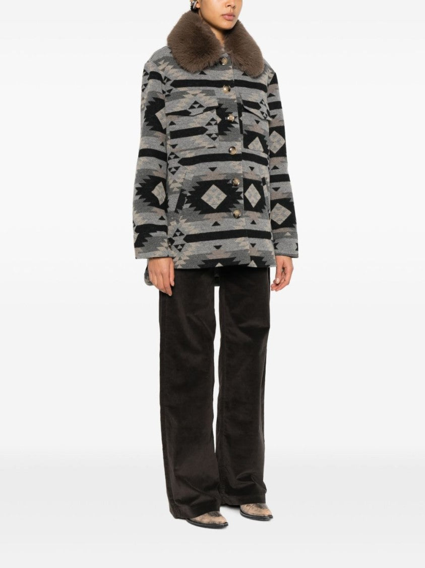 Ava Adore Boxy Short Coat With Geometric Tribal Pattern And Oversized Fur Collar