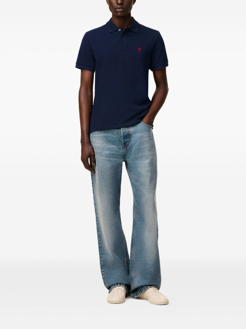 Ami Paris Blue Piqué Weave Embroidered Logo Polo