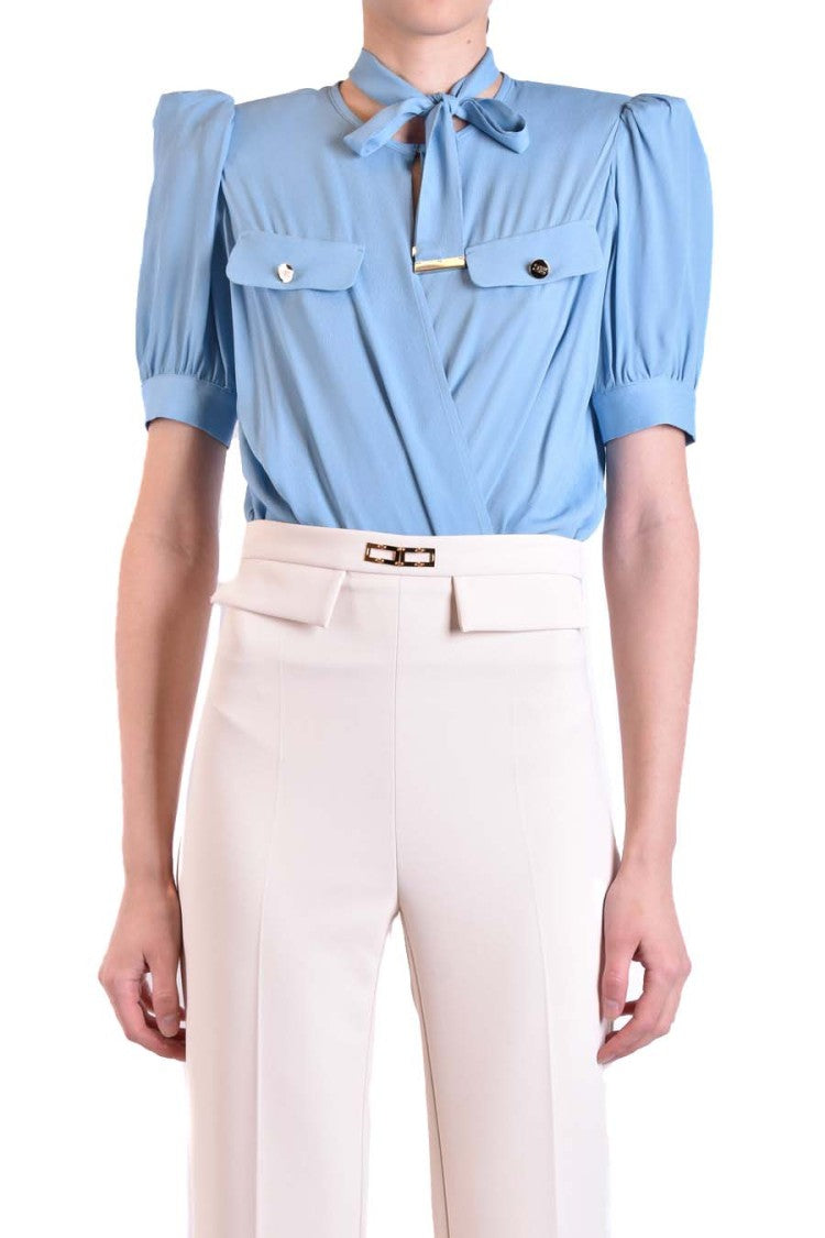 Elisabetta Franchi Draped Blue Bodysuit Tie-Neck Detail Pockets