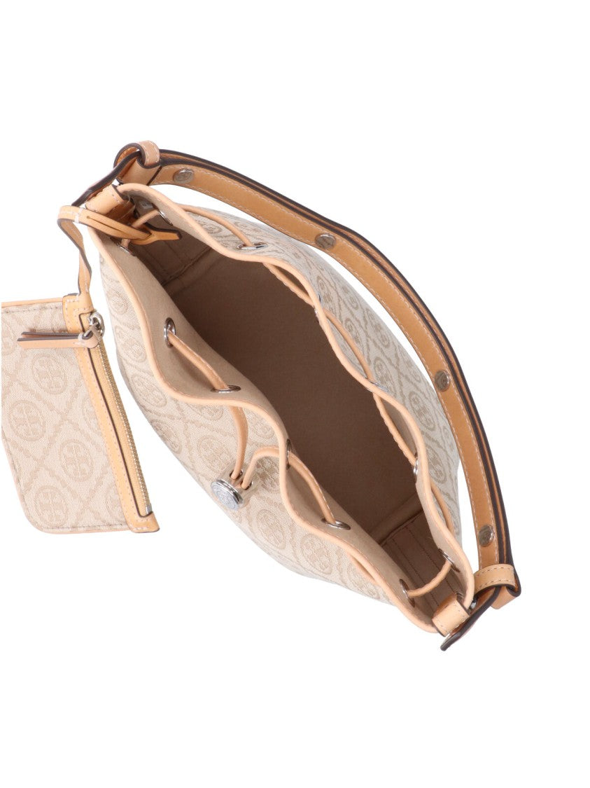 Tory Burch Medium Bucket Bag With Beige Monogram Pattern