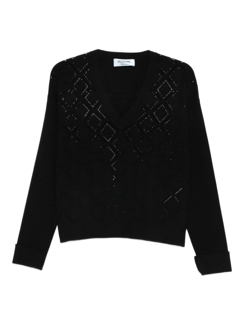 Blugirl V-Neck Black Sweater With Geometric Pattern And Embellished Detailing