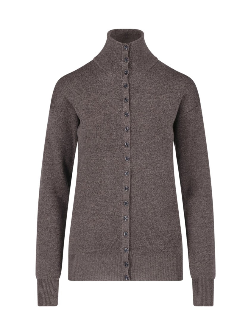 Lemaire Brown Wool Cardigan With High Collar And Button Closure