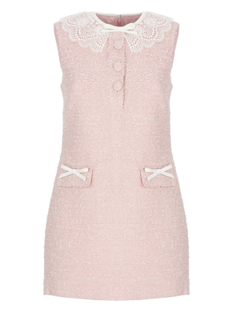 Self-Portrait Textured Boucle Mini Dress With Lace Collar And Bow Accents
