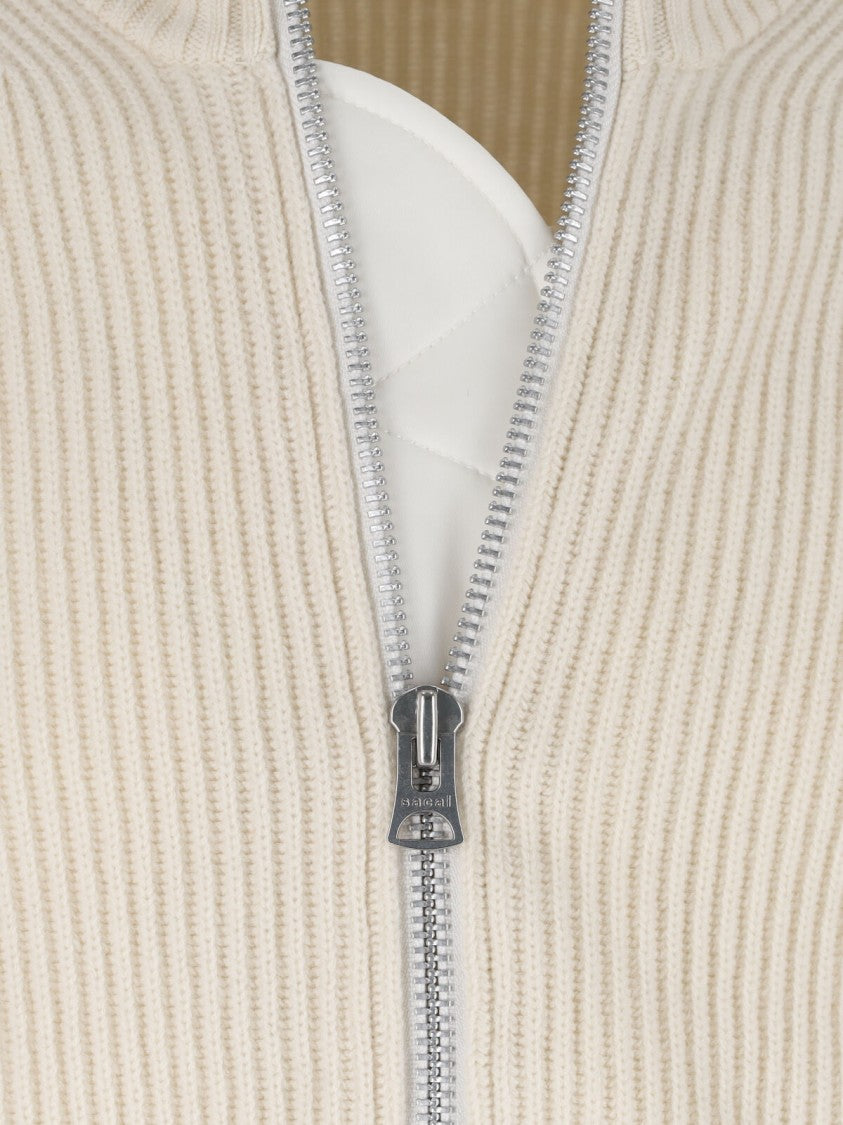 Sacai White Wool Zip-Through Knit