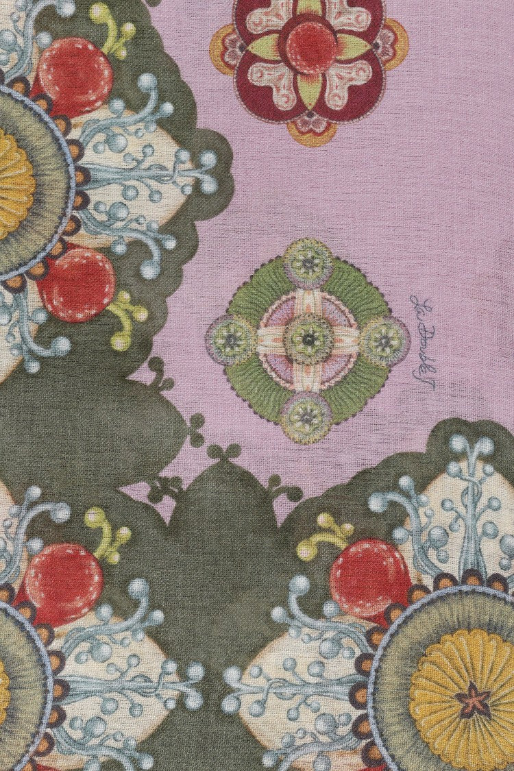 La Double J Multicolor Floral Motif Square Scarf With Fringed Edges