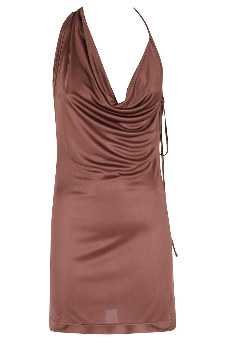 Amazuin Brown Ravi Satin Asymmetrical Draped Viscose Mini Dress