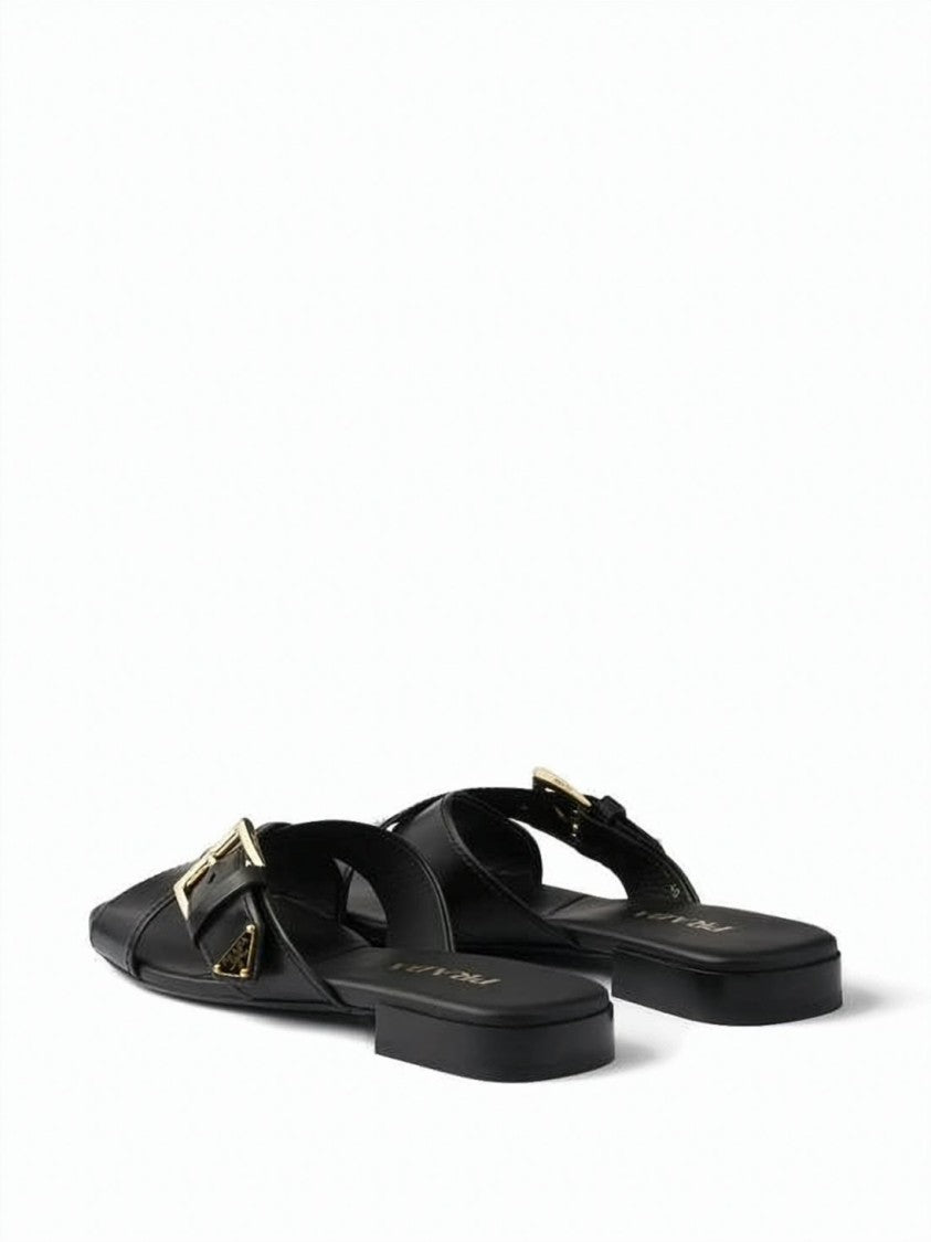 Prada Calf Leather Flat Mule Sandal With Gold-Tone Detailing