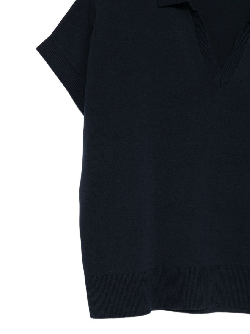 Aspesi Short-Sleeved Blue Cotton Top With Deep V-Neck And Ribbed Detailing