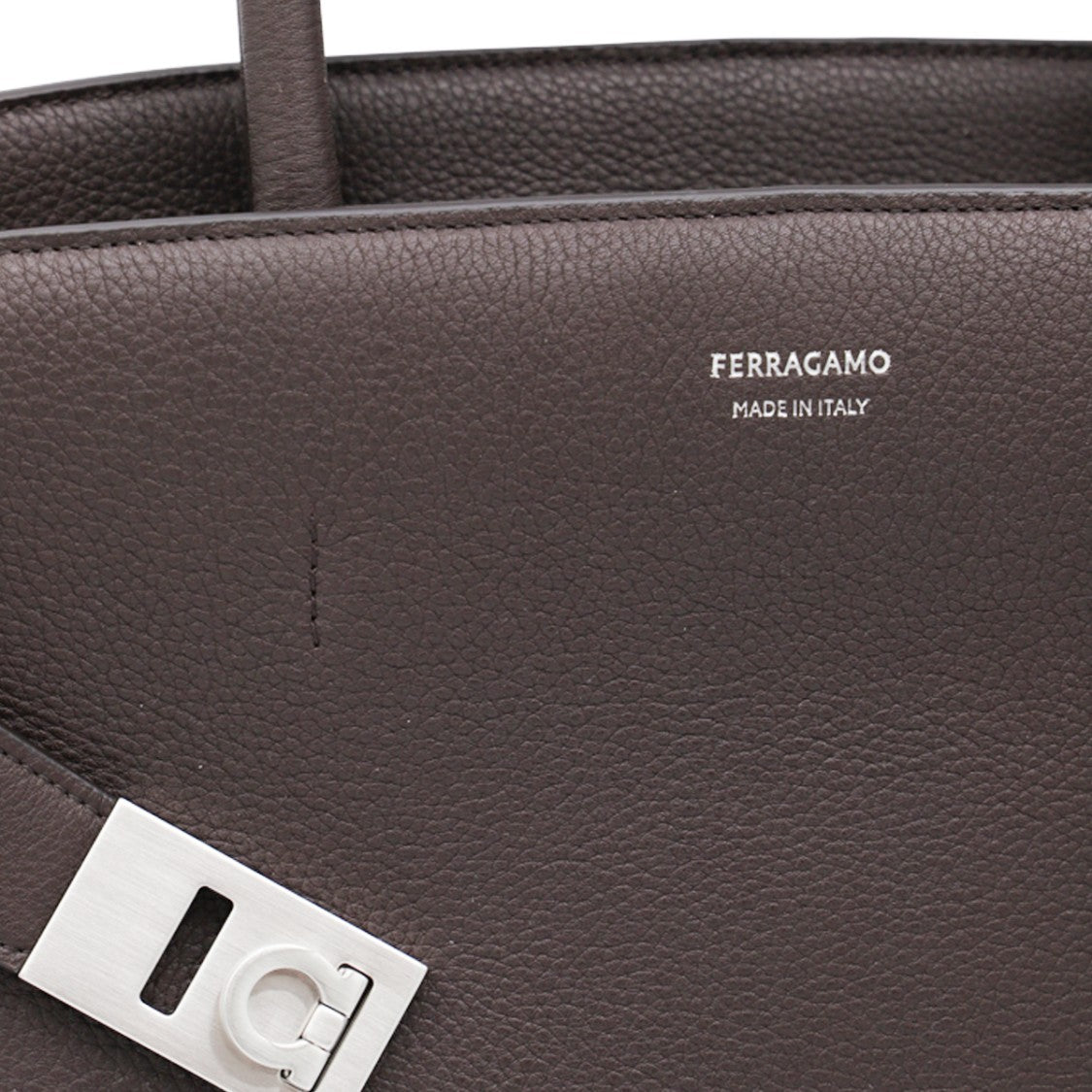 Ferragamo Structured Dark Brown Leather Top Handle Bag With Adjustable Strap