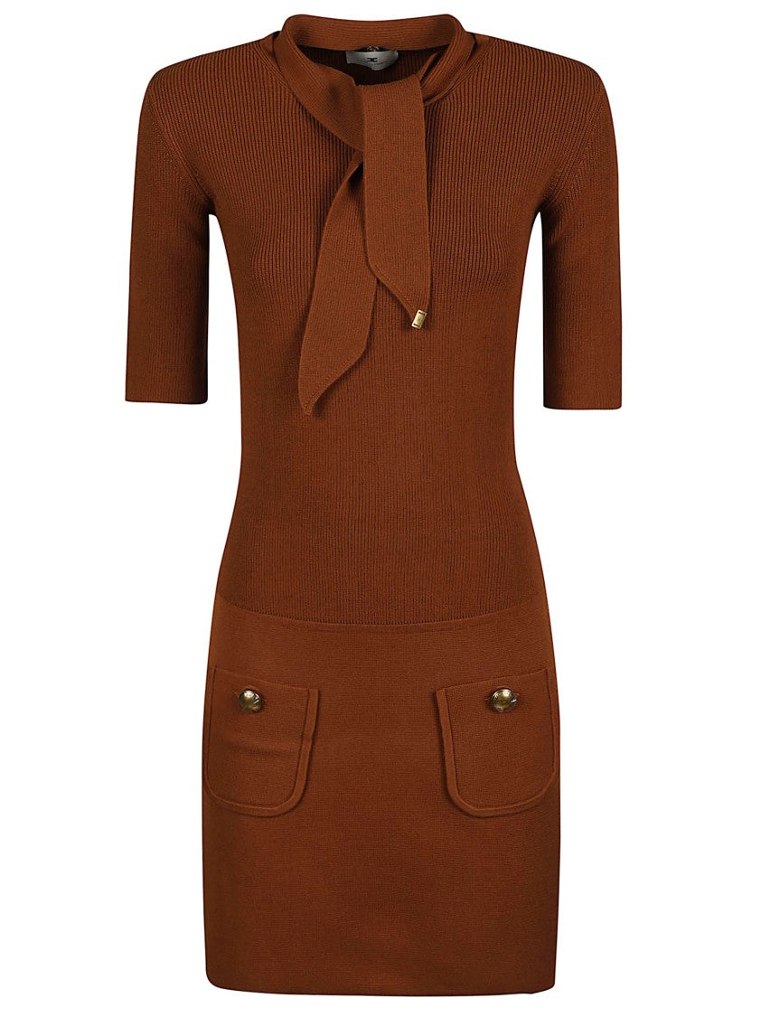 Elisabetta Franchi Ribbed Knit Mini Dress With Unique Nektie Detail