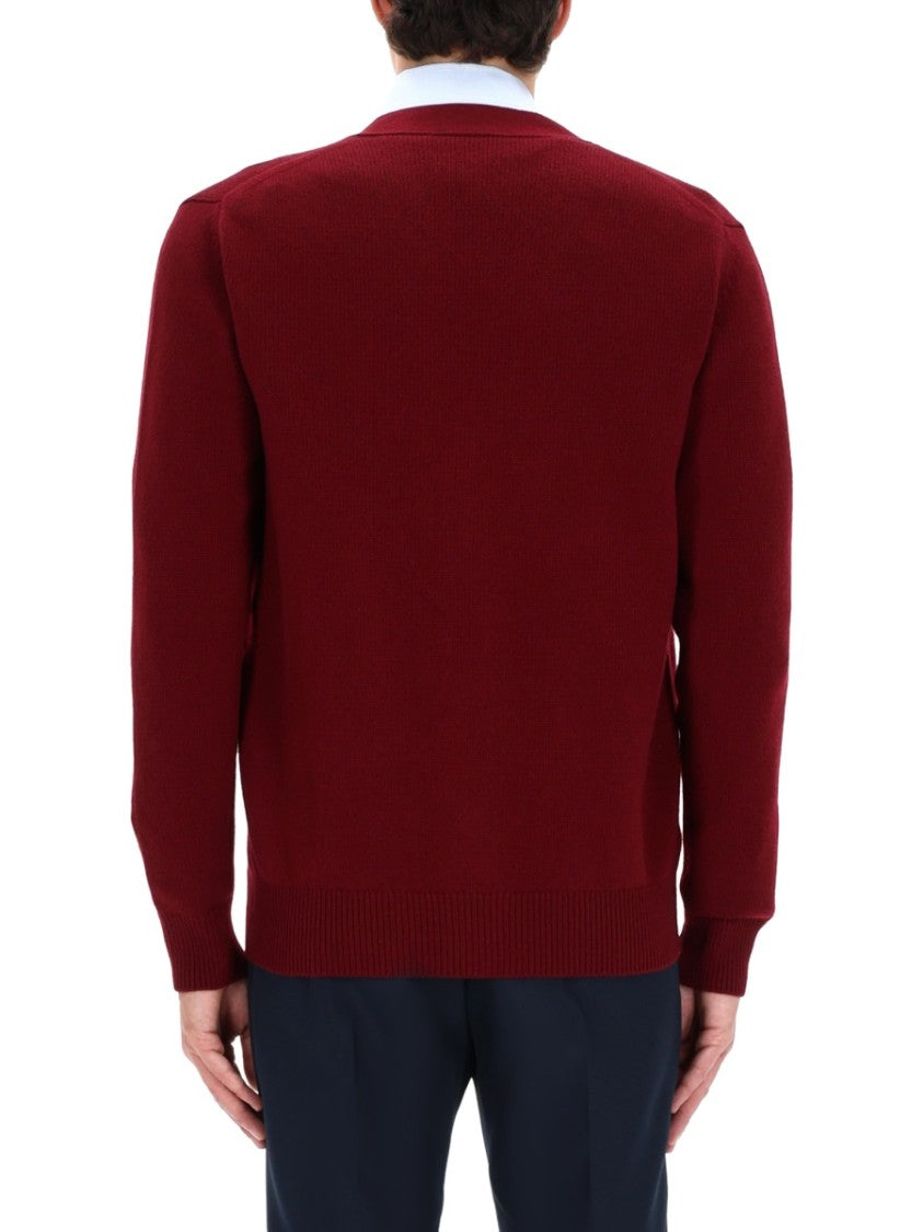 Gucci Burgundy Cardigan With Deep V-Neck And Embroidered Logo