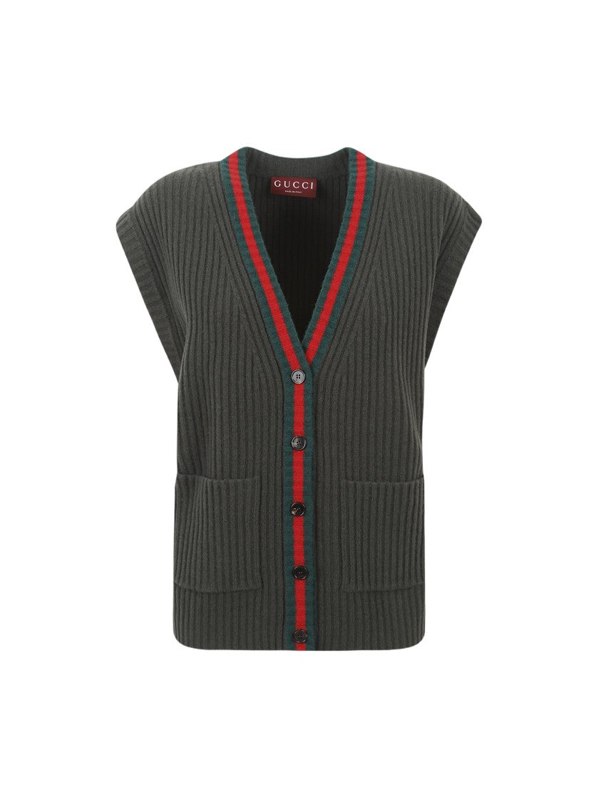 Gucci Ribbed Knit Cardigan Vest With Contrasting Trim