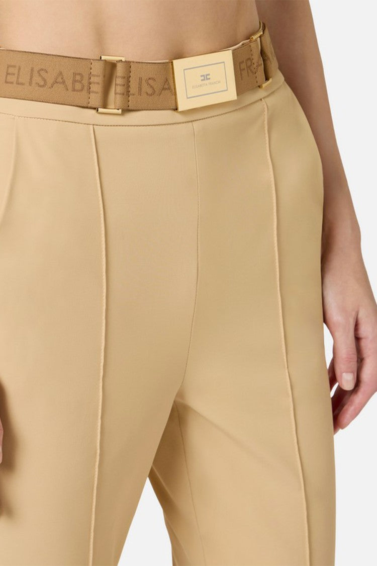 Elisabetta Franchi Camel Gold-Buckle Logo Belt Polyamide-Blend Cropped Pants