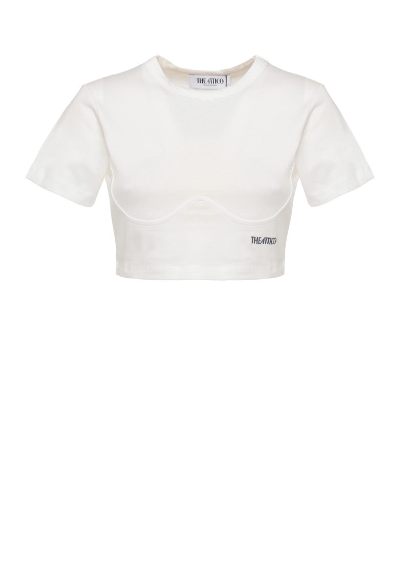 The Attico White Cropped Curved Cotton T-Shirt