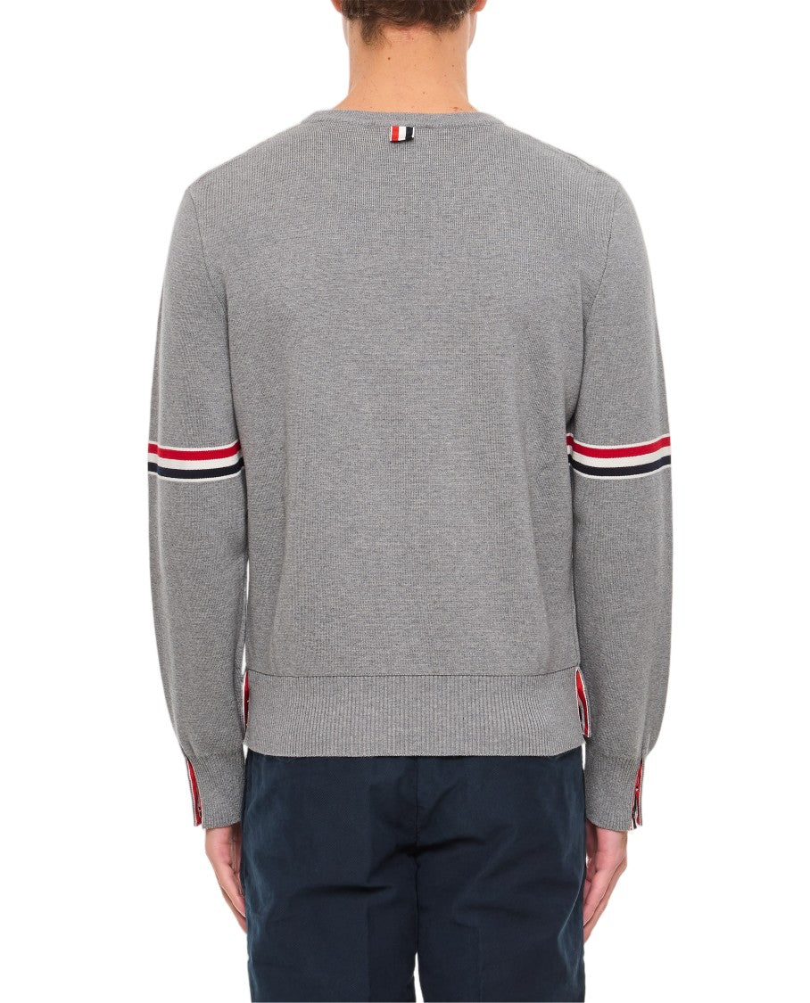 Thom Browne Grey Crewneck Pullover With Striped Sleeve Accents