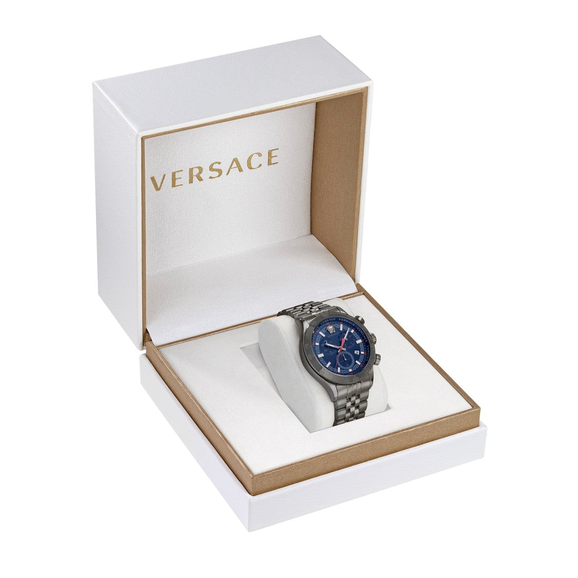 Versace 43Mm Stainless Steel Chronograph With Blue Dial And Medusa Detail