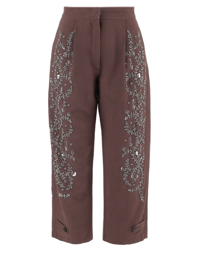 Novelle Brown Floral Embroidered Cotton Straight-Leg Pants