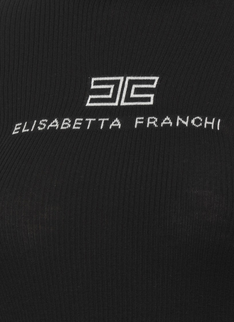 Elisabetta Franchi High Neck Rib Wool Sweater With Logo Embroidery