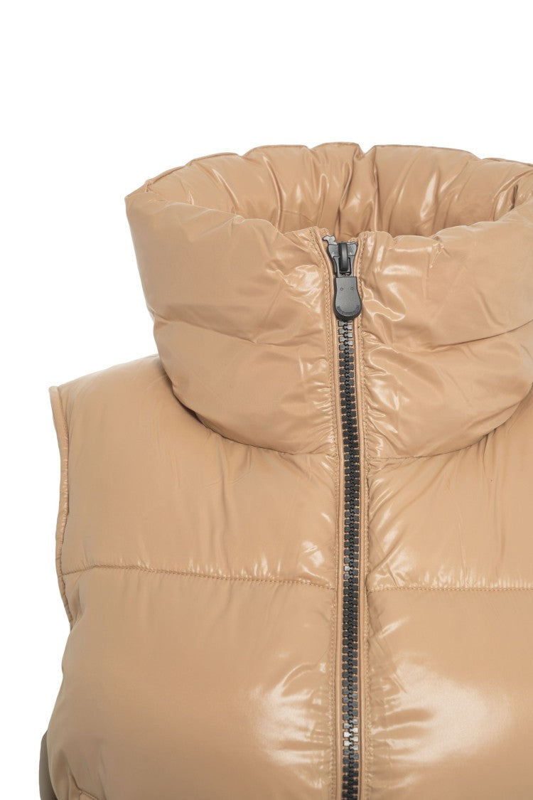 Save The Duck Beige Sleeveless Puffer Gilet With High Collar And Glossy Finish