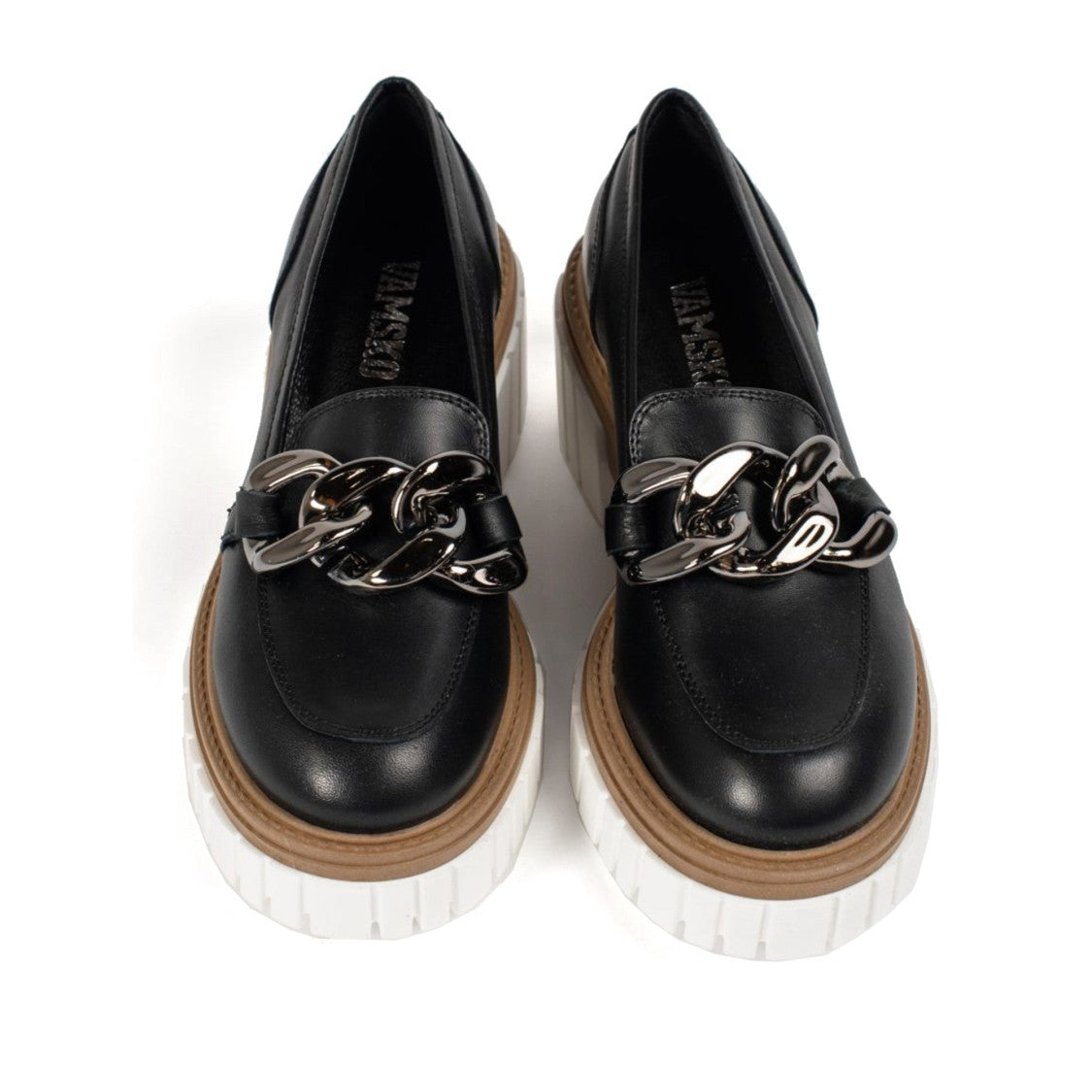 Vamsko Iris Black Chunky Sole Silver Chain Leather Loafers