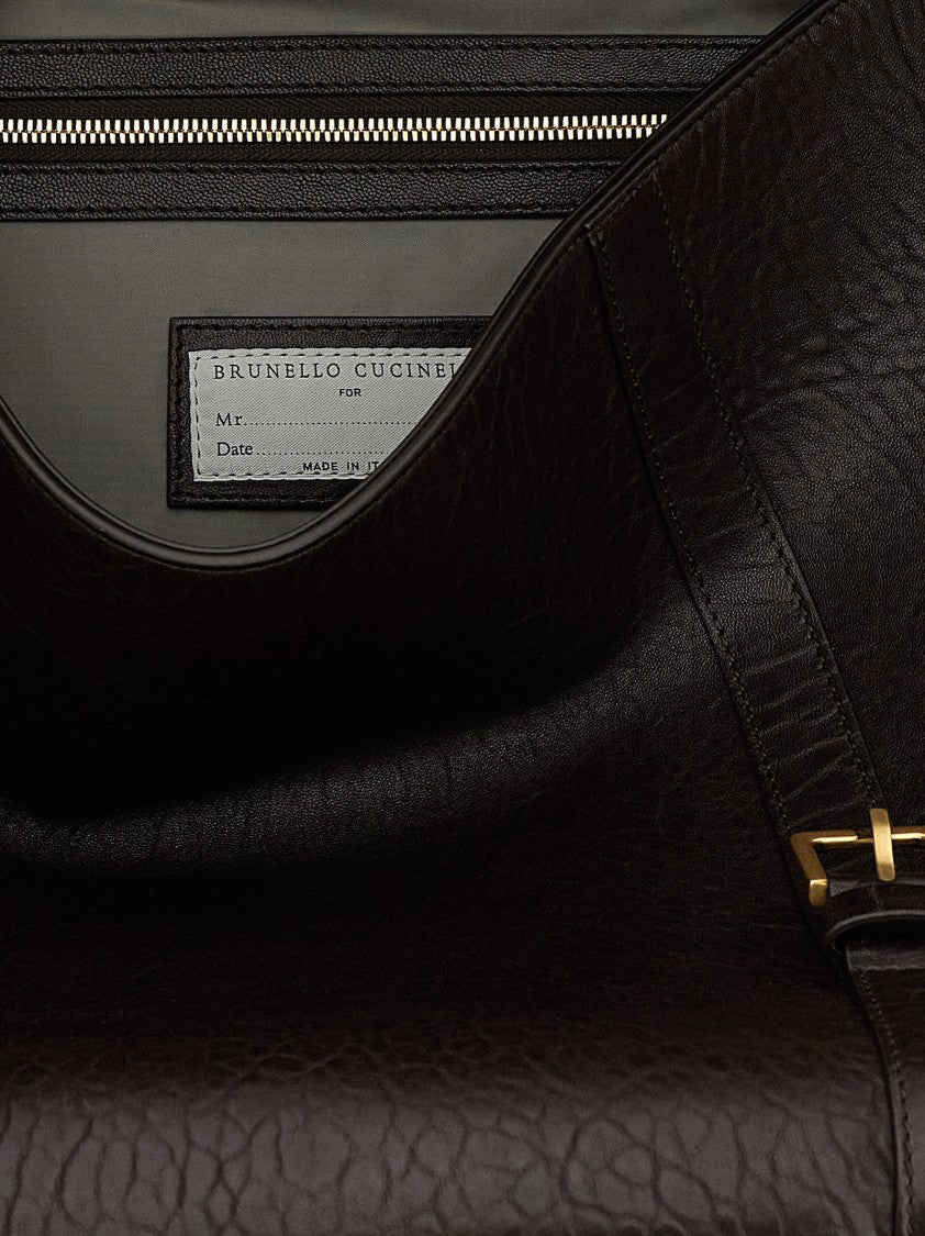 Brunello Cucinelli Textured Grain Leather Briefcase With Adjustable Straps