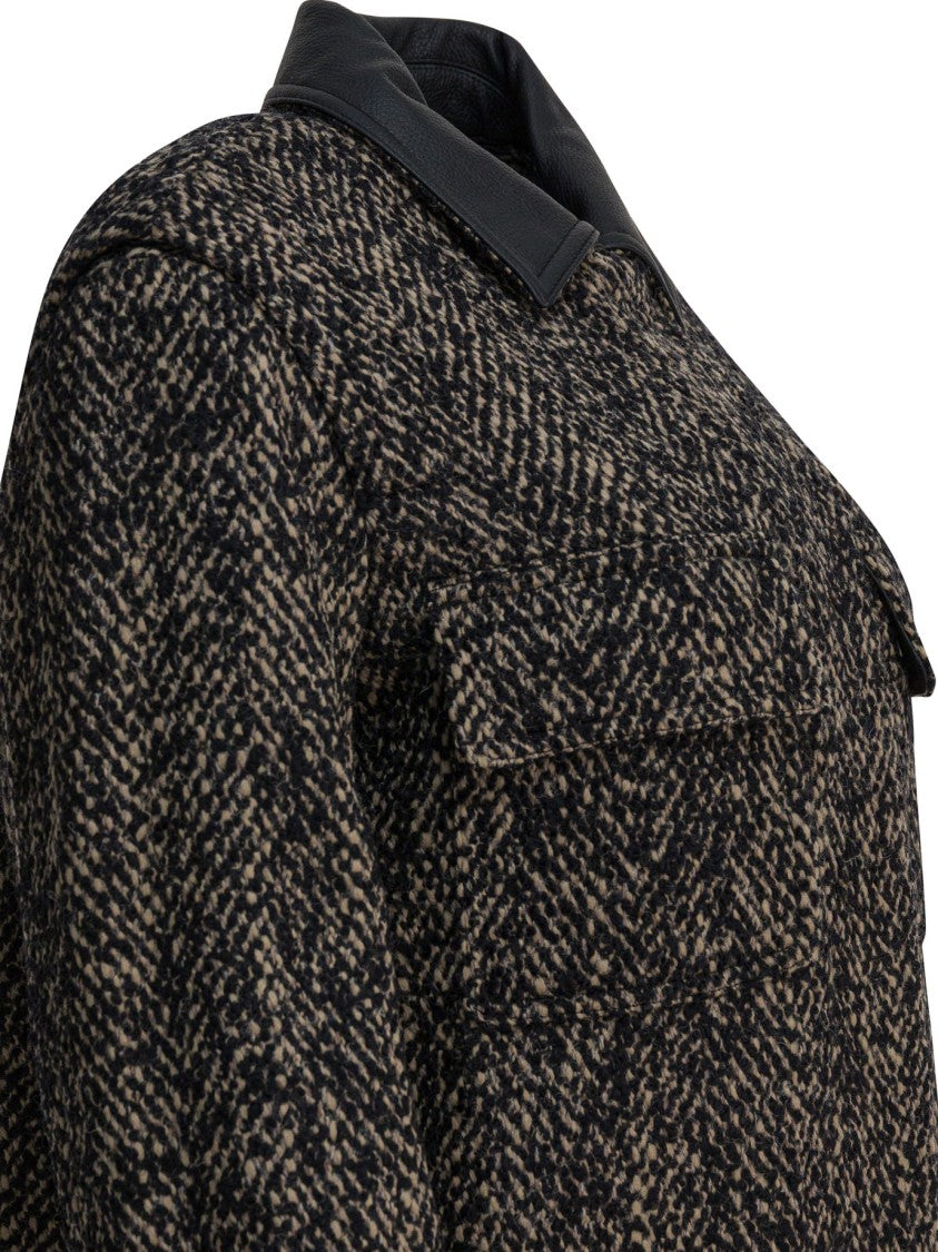 Max Mara Textured Herringbone Wool Coat With Leather Collar