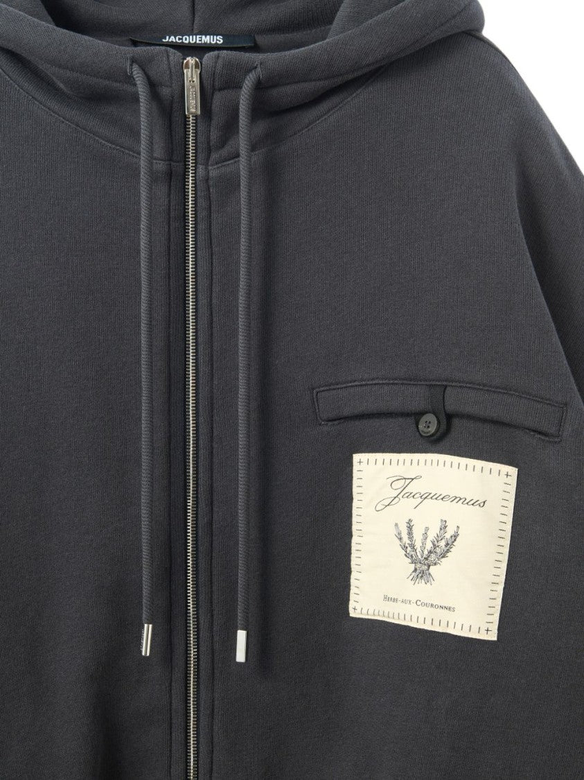 Jacquemus Dark Navy Blue Hooded Logo Zip-Up Sweater