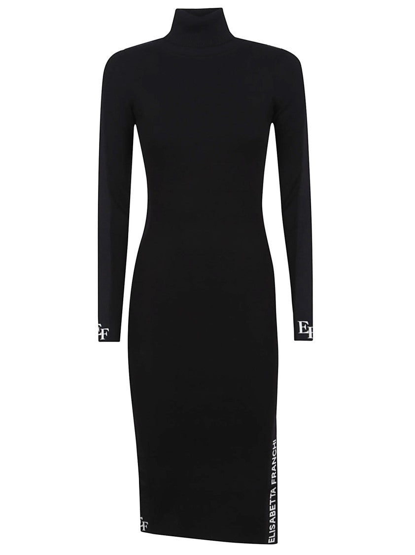 Elisabetta Franchi Sheath Knit Dress With High Neck And Logo Band