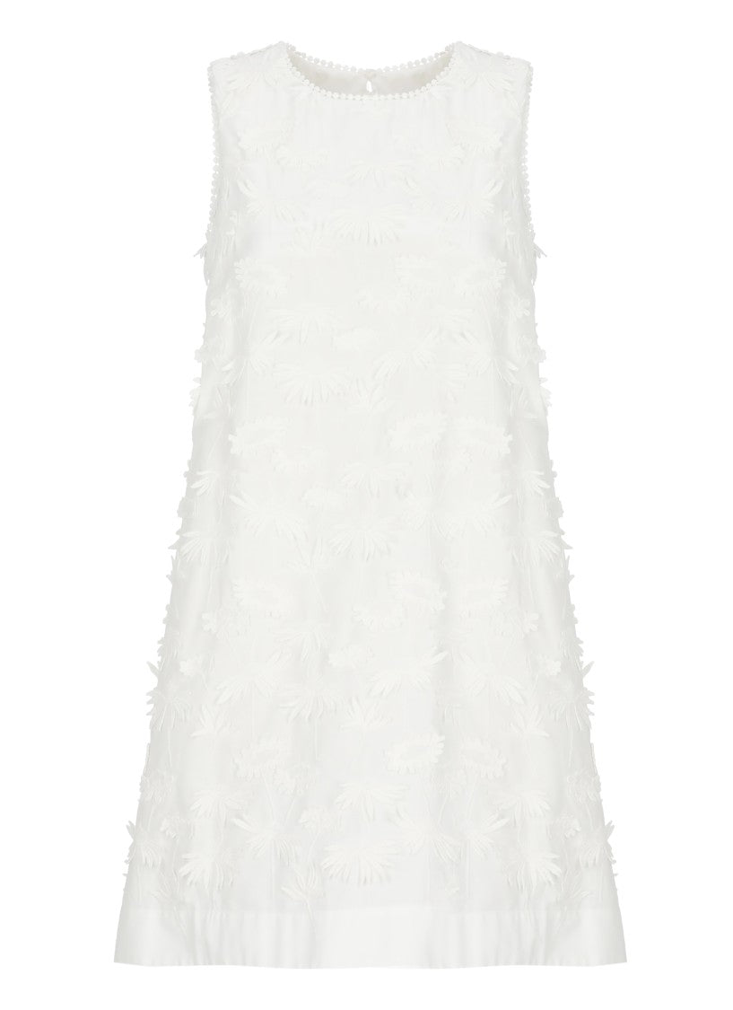 Parosh White Cotton Mini Dress With Relief Floral Embroidery