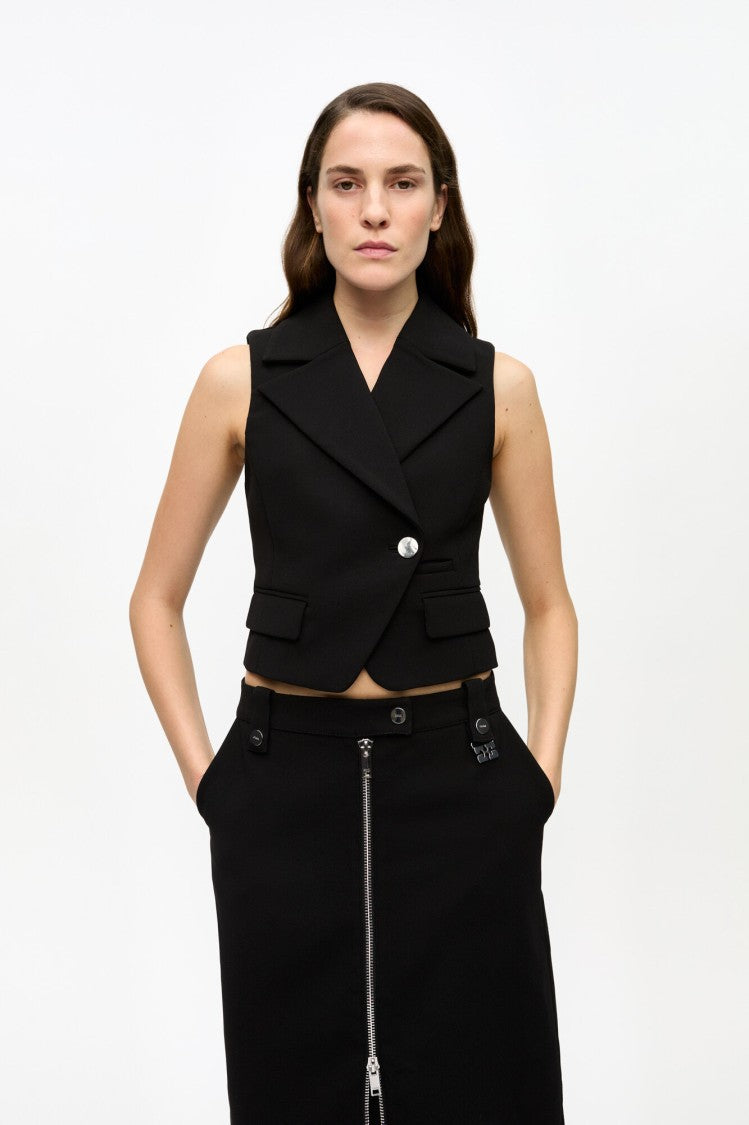 Ganni Black Bonded Crepe Vest With Double Collar