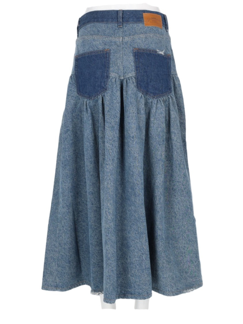 Ganni Patchwork Denim Midi Skirt With Fitted Waistband And Flared Silhouette