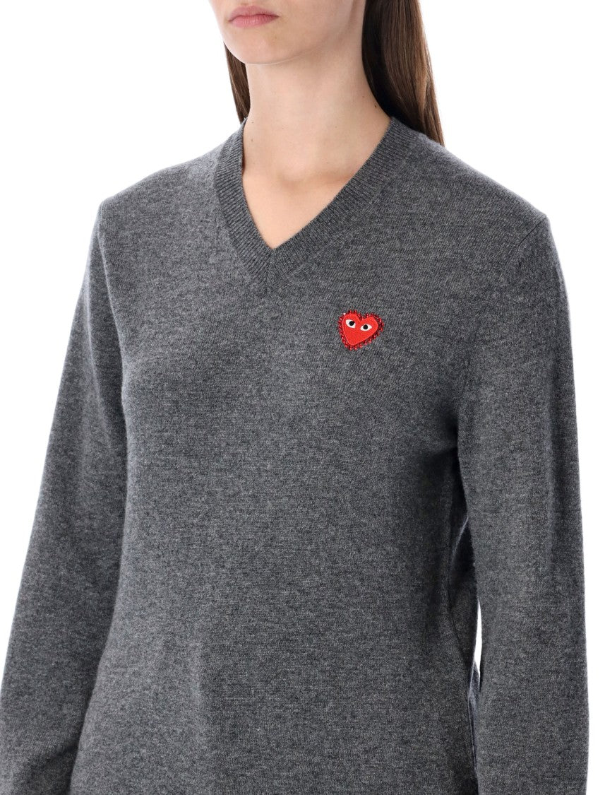 Comme Des Garçons Play Wool V-Neck Sweater With Red Heart