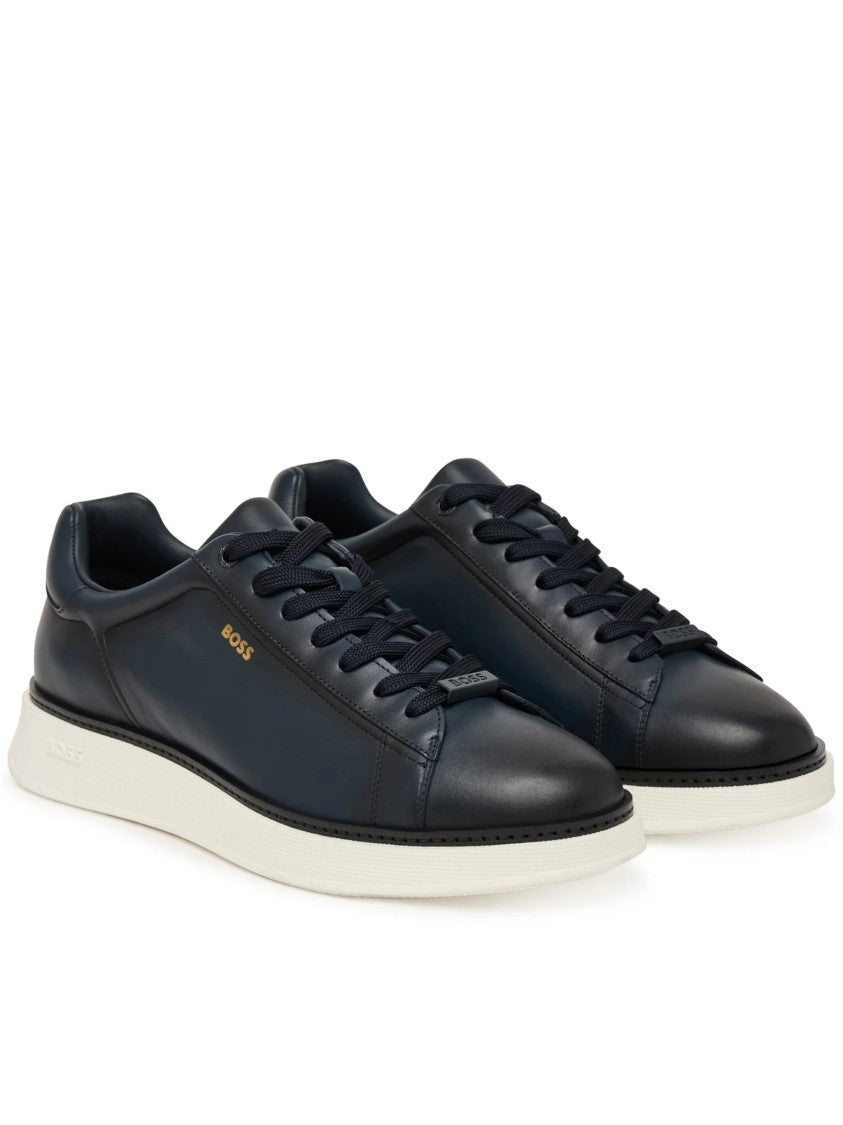 Hugo Boss Navy Smooth Leather White Sole Sneakers
