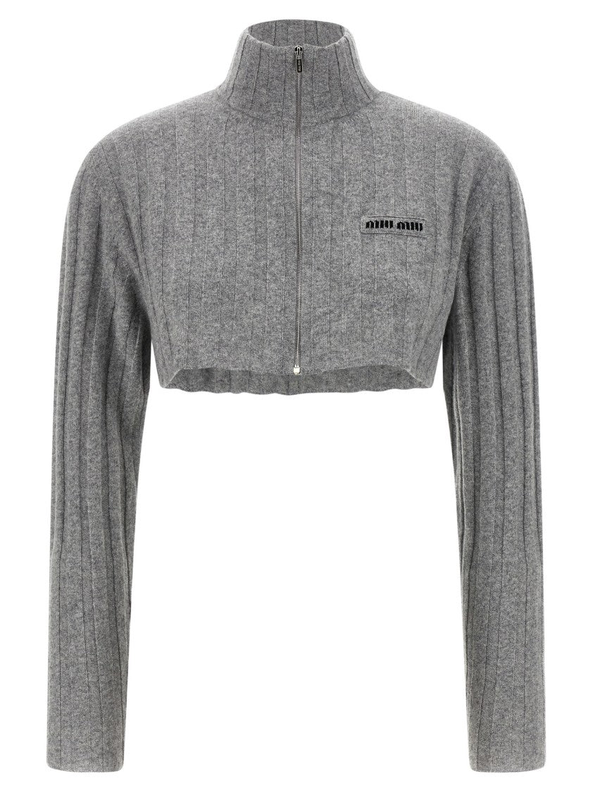 Miu Miu Ribbed Knit Cropped Cardigan With Front Zip Closure