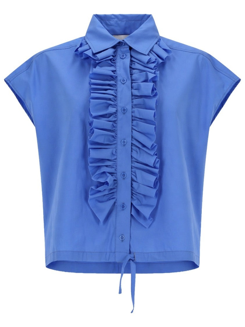 Nude Cropped Cotton Vertical Ruffle Shirt