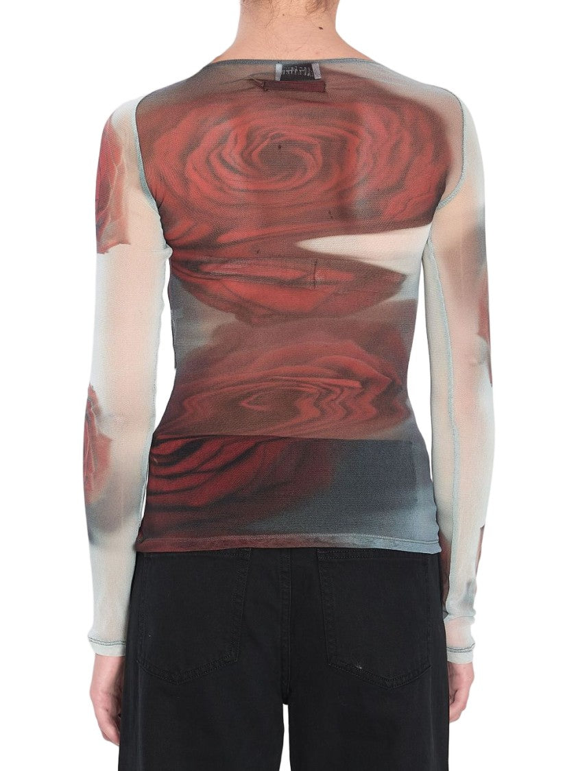 Jean Paul Gaultier White Red Rose Print Semi-Sheer Top