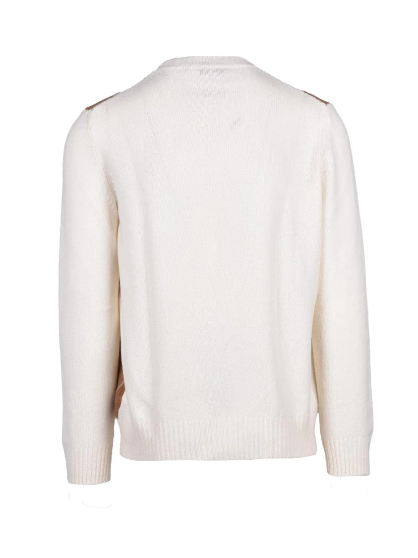 Ambrosio White/Brown Argyle Virgin Wool Crewneck Sweater