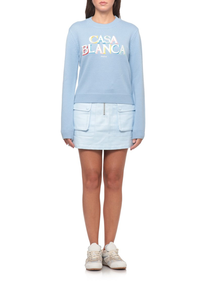 Casablanca Light Blue Wool Knit Sweater With Embroidered Logo