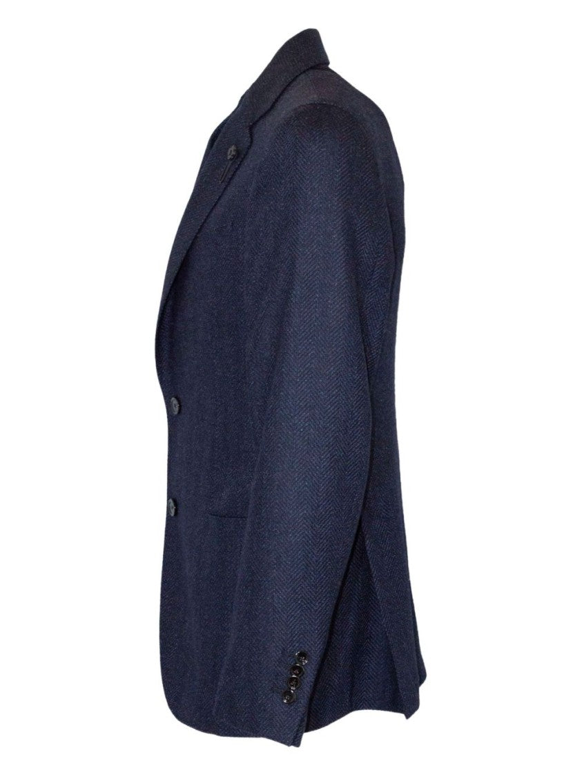 Lardini Blue Herringbone Weave Blazer With Brooch Detail