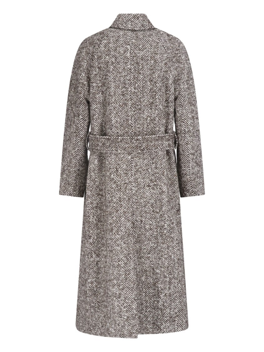 Lardini Brown Herringbone Wool Belted Coat