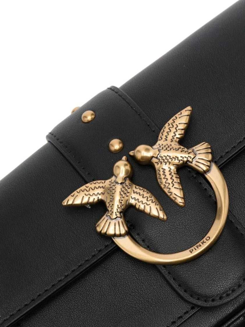 Pinko Structured Black Bag With Gold-Tone Bird Embellishment