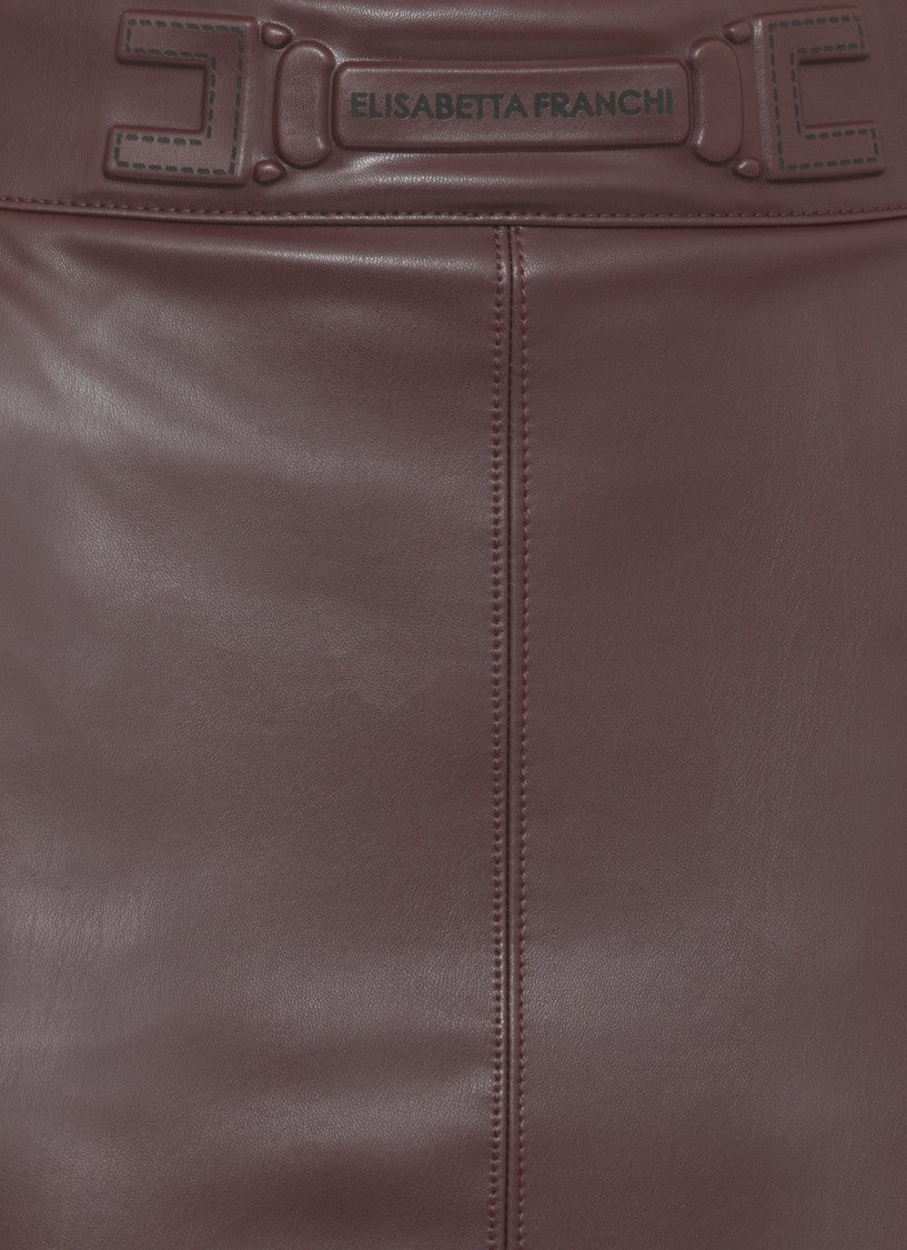 Elisabetta Franchi Fitted Brown Leather Midi Skirt With Logo Embossing