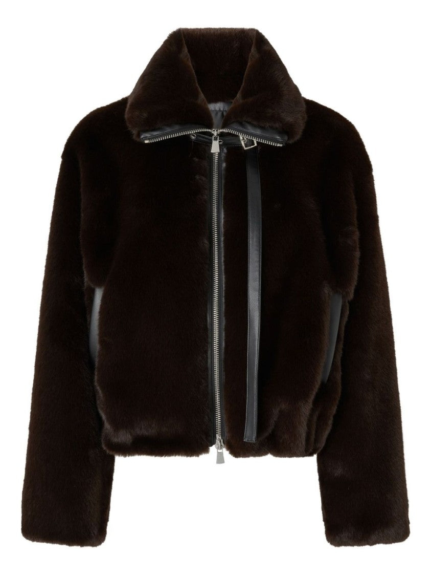 Pinko Cropped Brown Coat With Faux Fur Texture